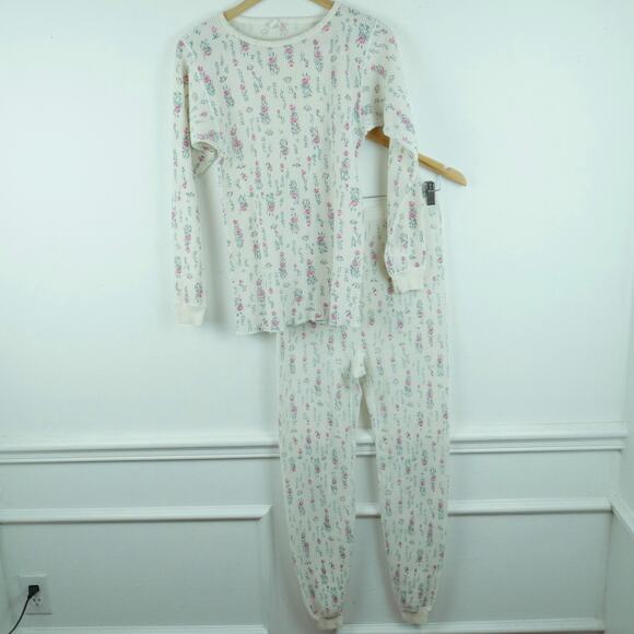 Vintage S M Thermal Pajama Set Top Pants Waffle Knit Floral 80s Cottagecore USA